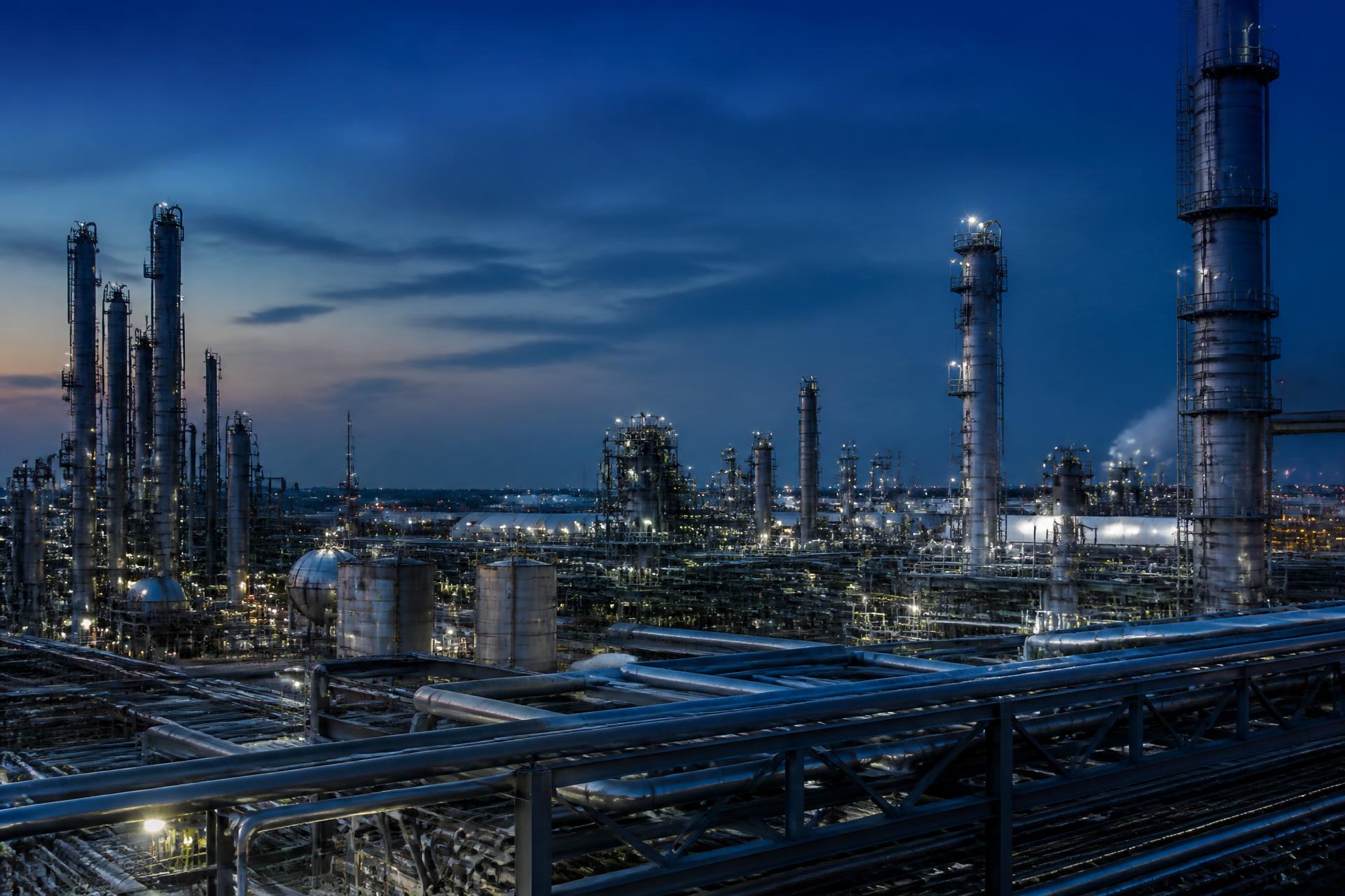 Industrial refinery skyline at dusk in the Eastern Province of Saudi Arabia